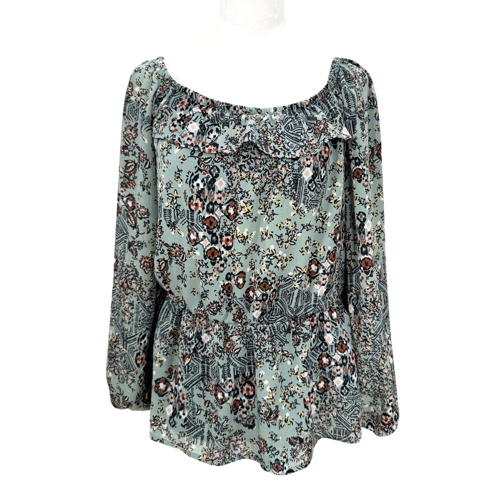 Maurices‎ Peplum Blouse Womens Medium Sage Green Excellent Floral Ruffle Top